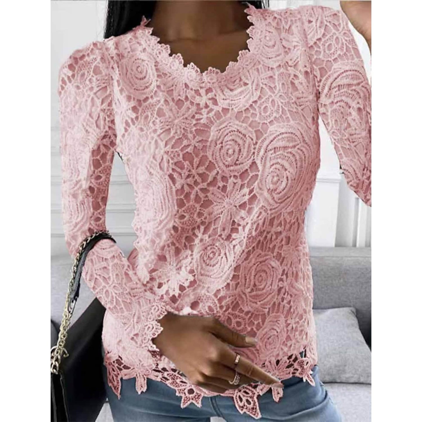 Damen Bluse Langarm Spitze Blumenmuster