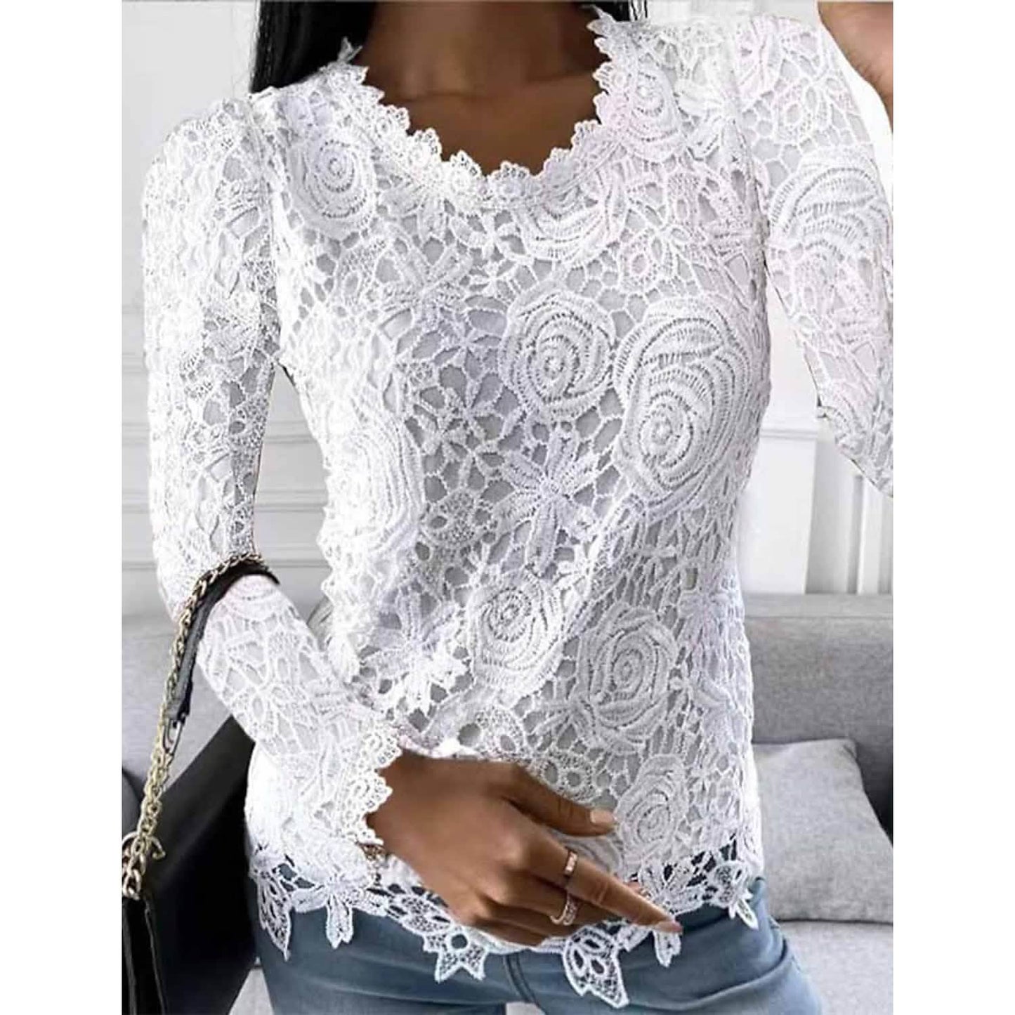 Damen Bluse Langarm Spitze Blumenmuster
