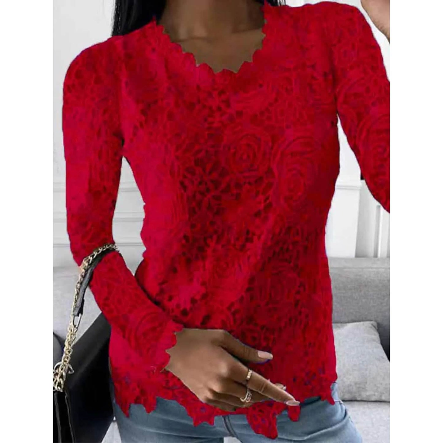 Damen Bluse Langarm Spitze Blumenmuster