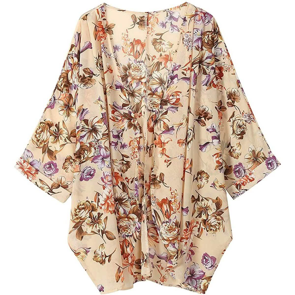 Damen Kimono-Cardigan aus transparentem Chiffon mit Blumenmuster, locker geschnitten
