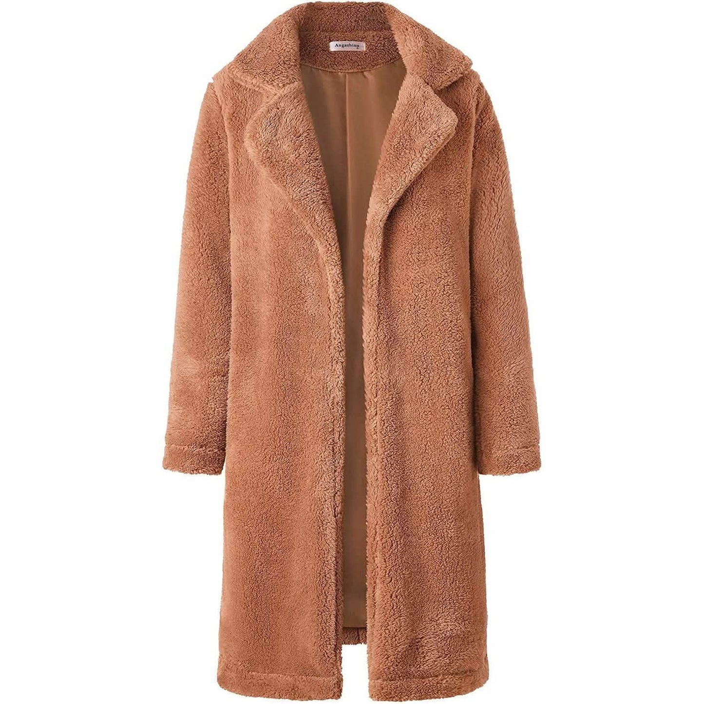 Damen Plüschfleece Revers Offene Vorderseite Langer Cardigan Mantel
