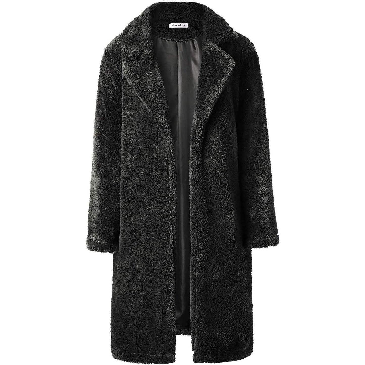 Damen Plüschfleece Revers Offene Vorderseite Langer Cardigan Mantel
