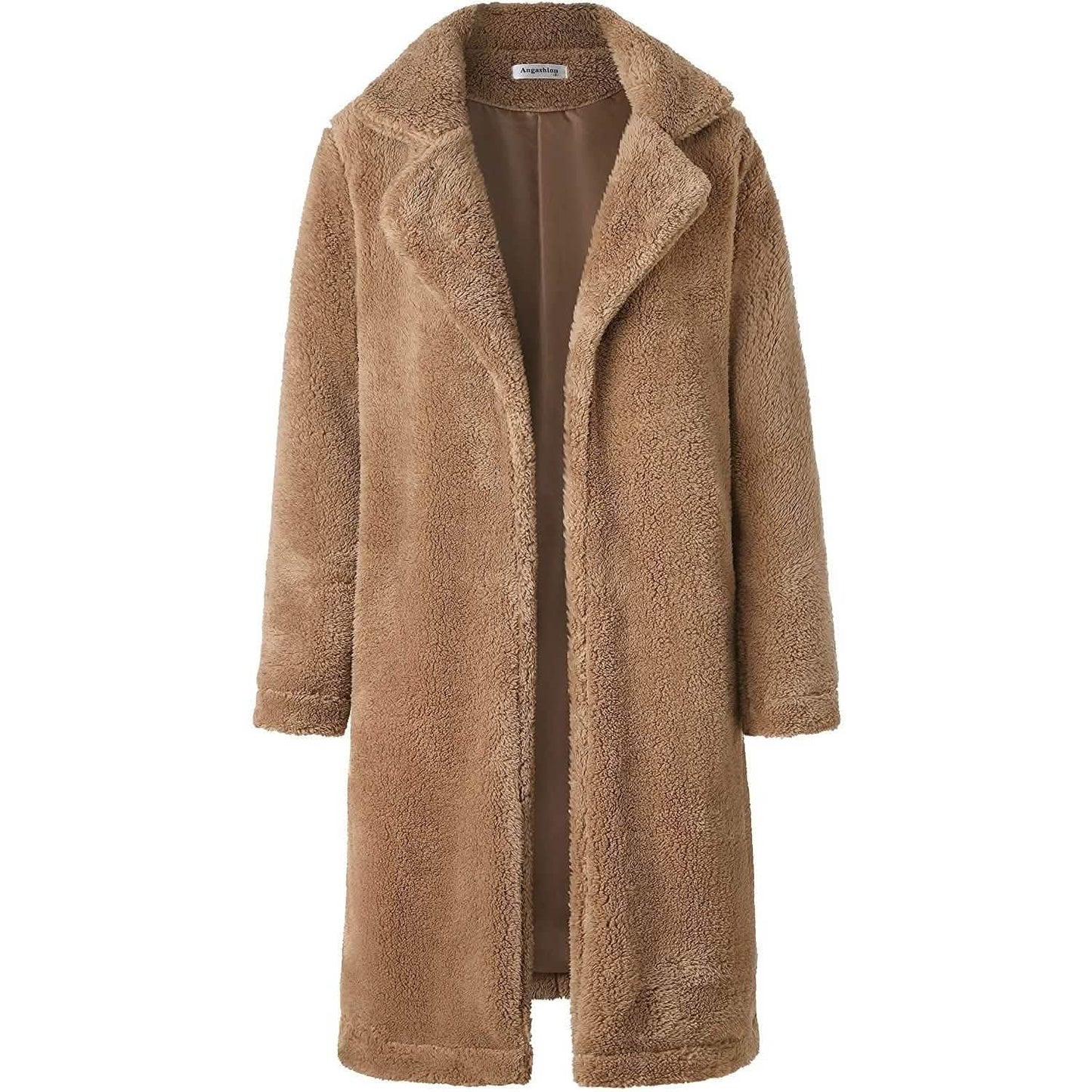 Damen Plüschfleece Revers Offene Vorderseite Langer Cardigan Mantel