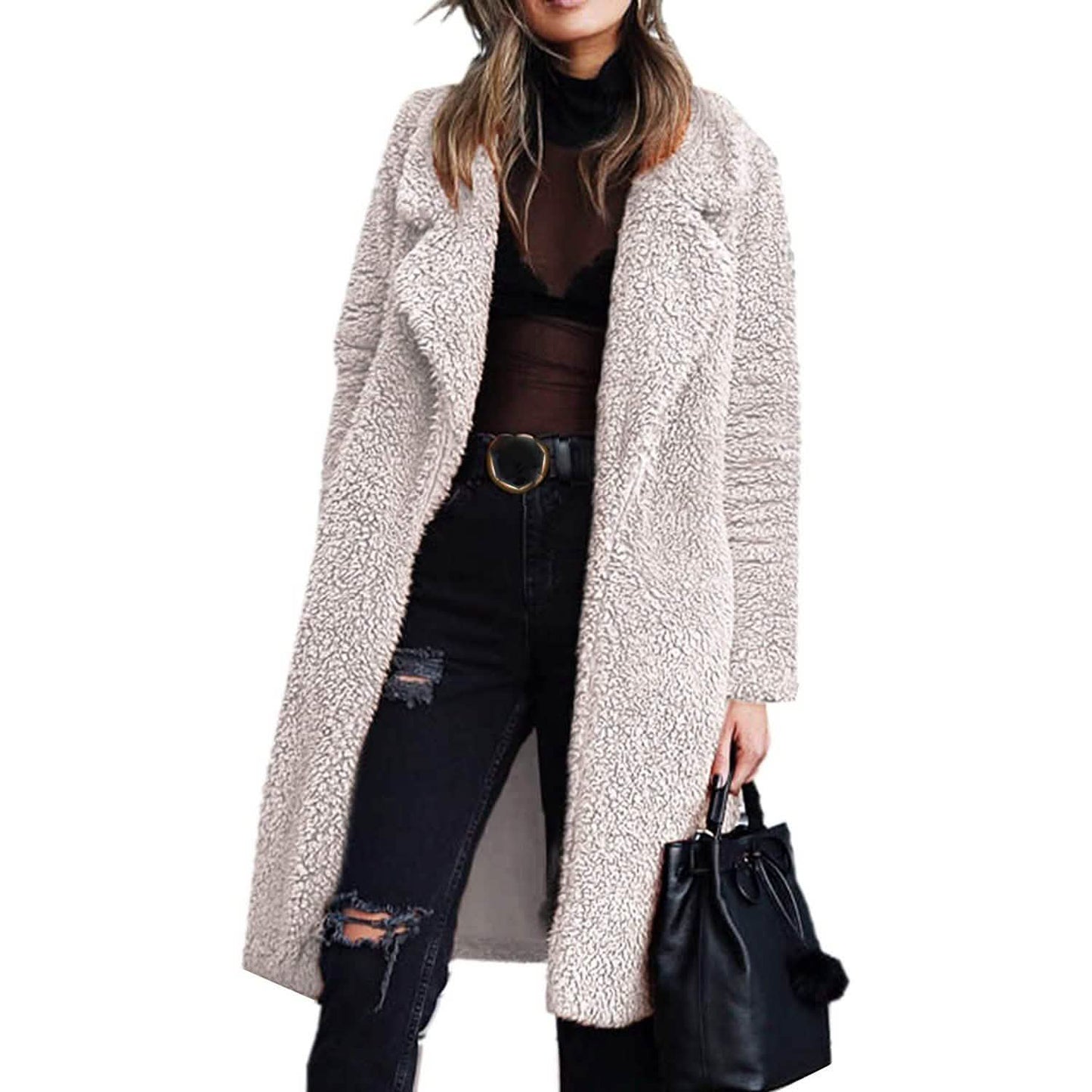 Damen Plüschfleece Revers Offene Vorderseite Langer Cardigan Mantel