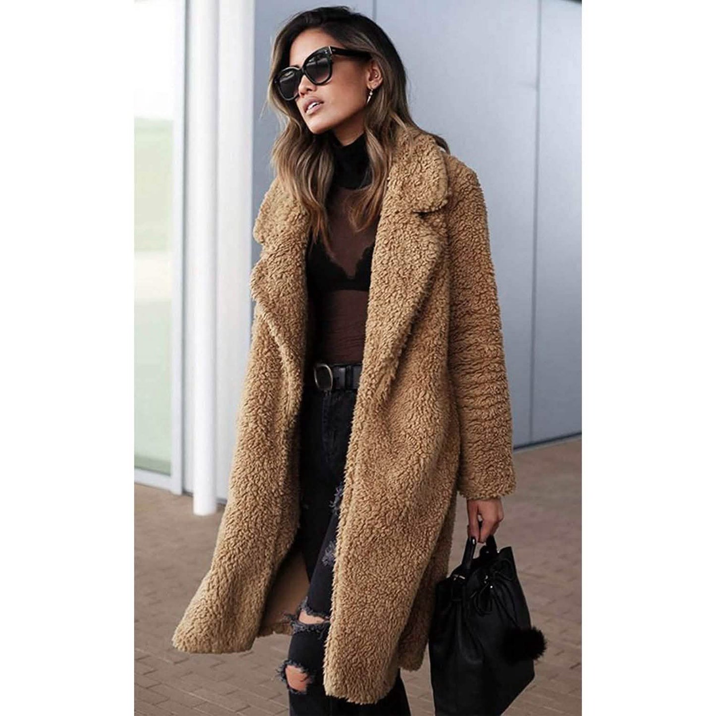 Damen Plüschfleece Revers Offene Vorderseite Langer Cardigan Mantel