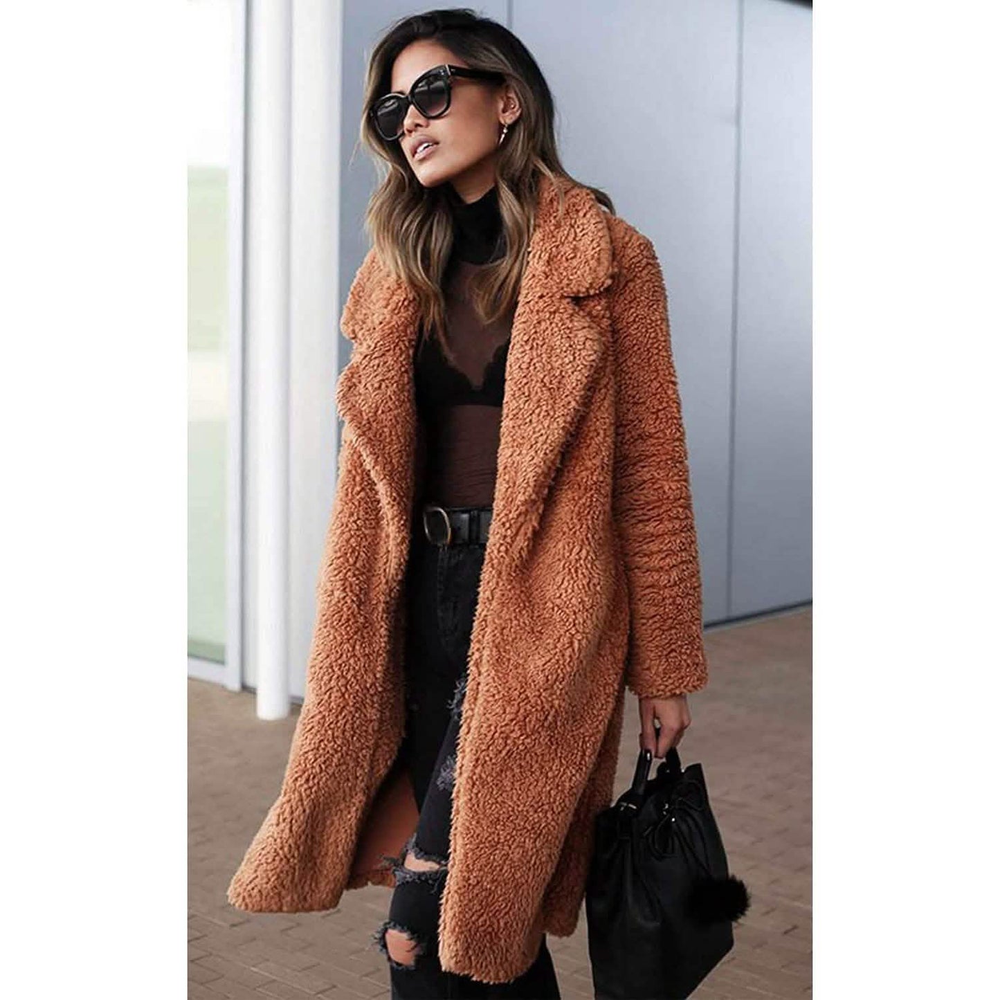 Damen Plüschfleece Revers Offene Vorderseite Langer Cardigan Mantel
