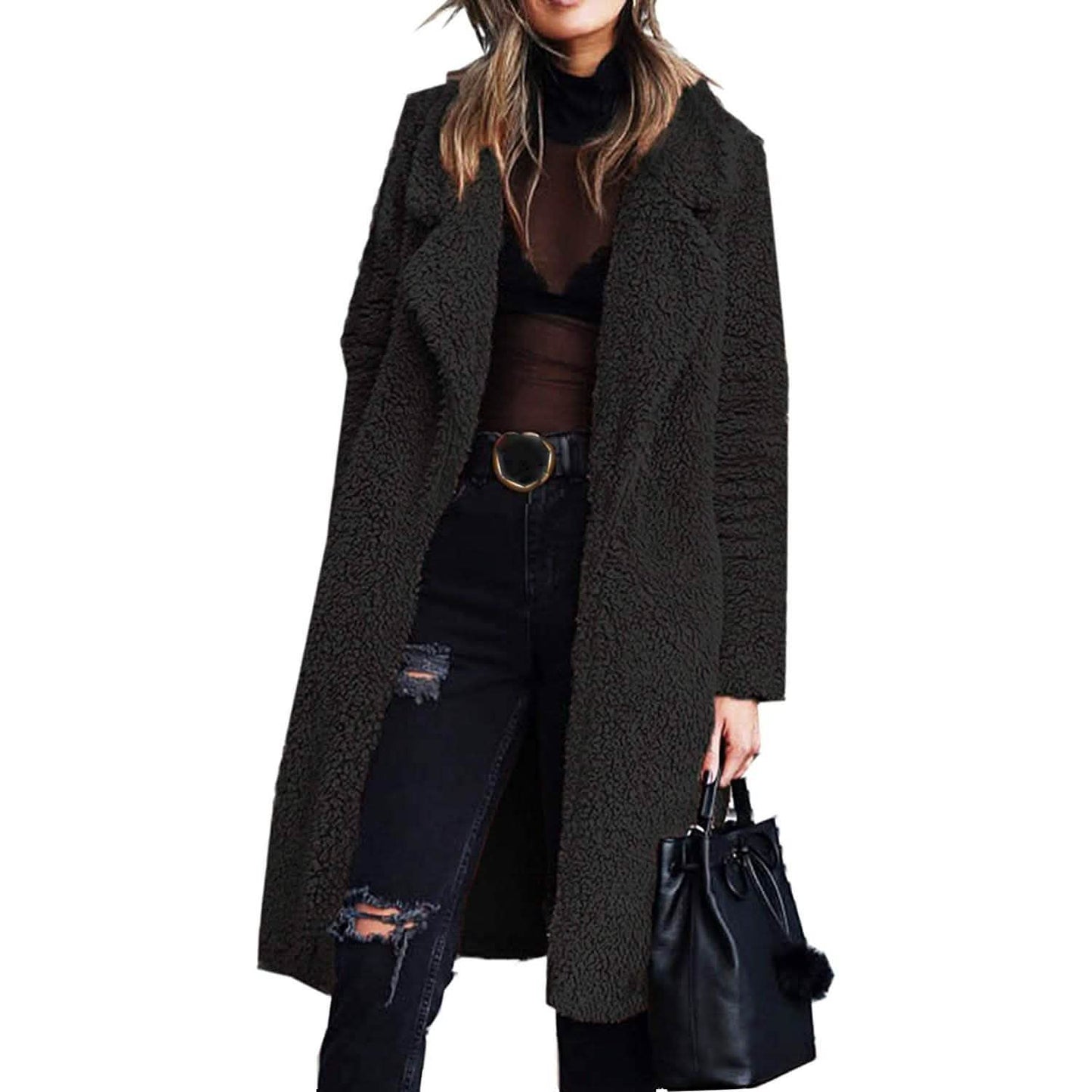 Damen Plüschfleece Revers Offene Vorderseite Langer Cardigan Mantel