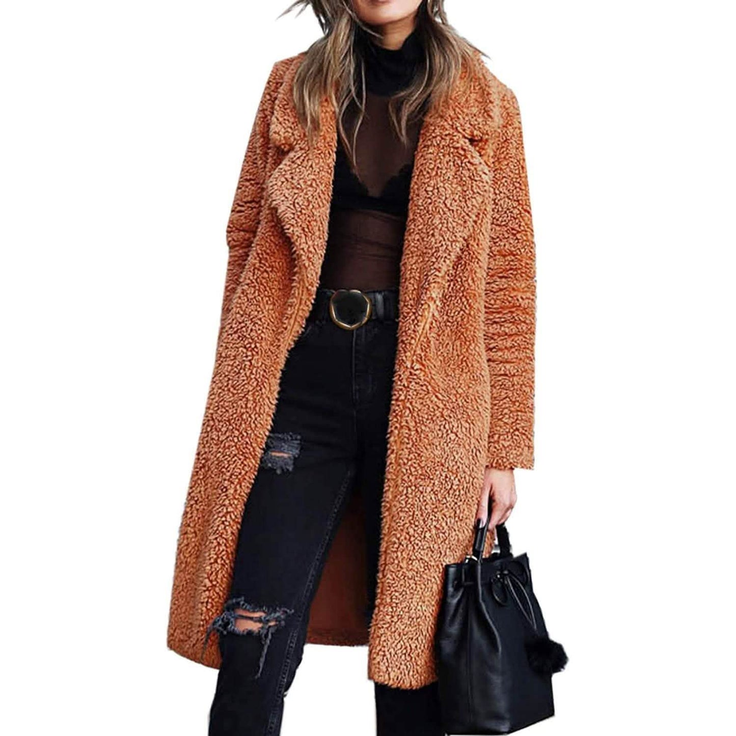 Damen Plüschfleece Revers Offene Vorderseite Langer Cardigan Mantel