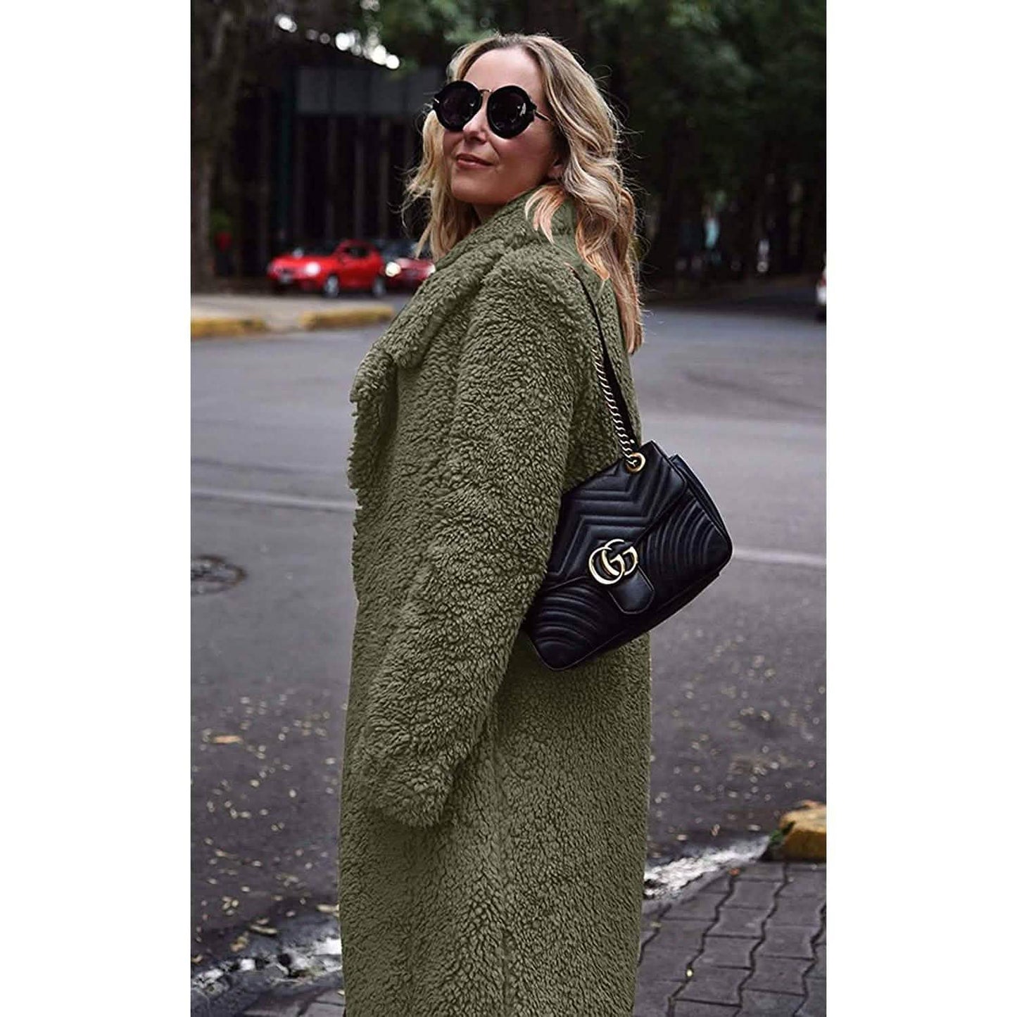 Damen Plüschfleece Revers Offene Vorderseite Langer Cardigan Mantel