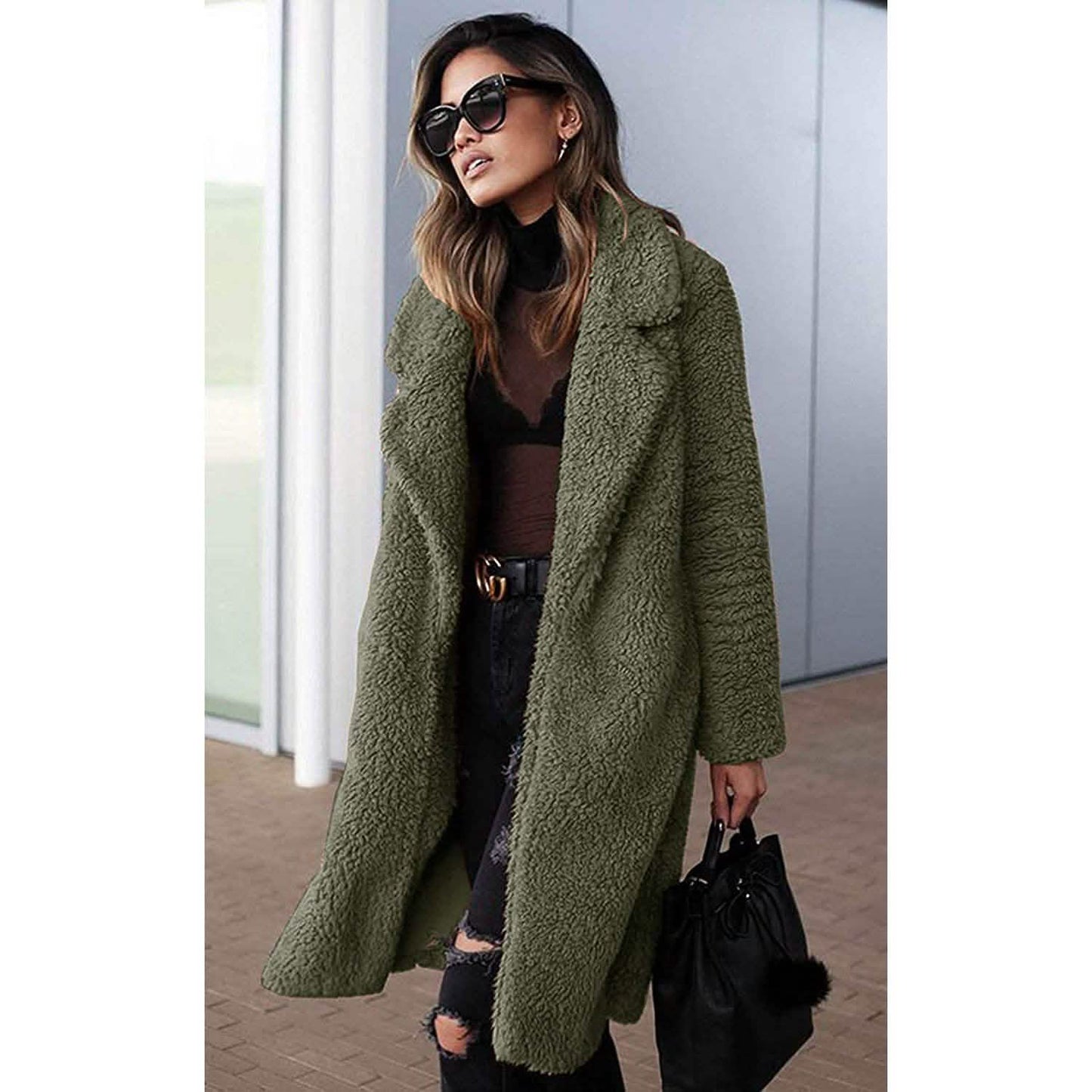 Damen Plüschfleece Revers Offene Vorderseite Langer Cardigan Mantel