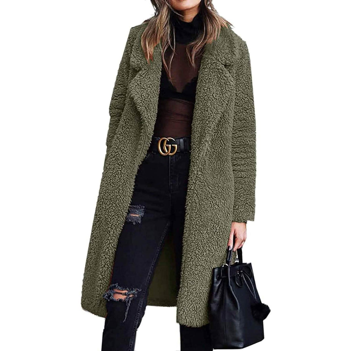 Damen Plüschfleece Revers Offene Vorderseite Langer Cardigan Mantel