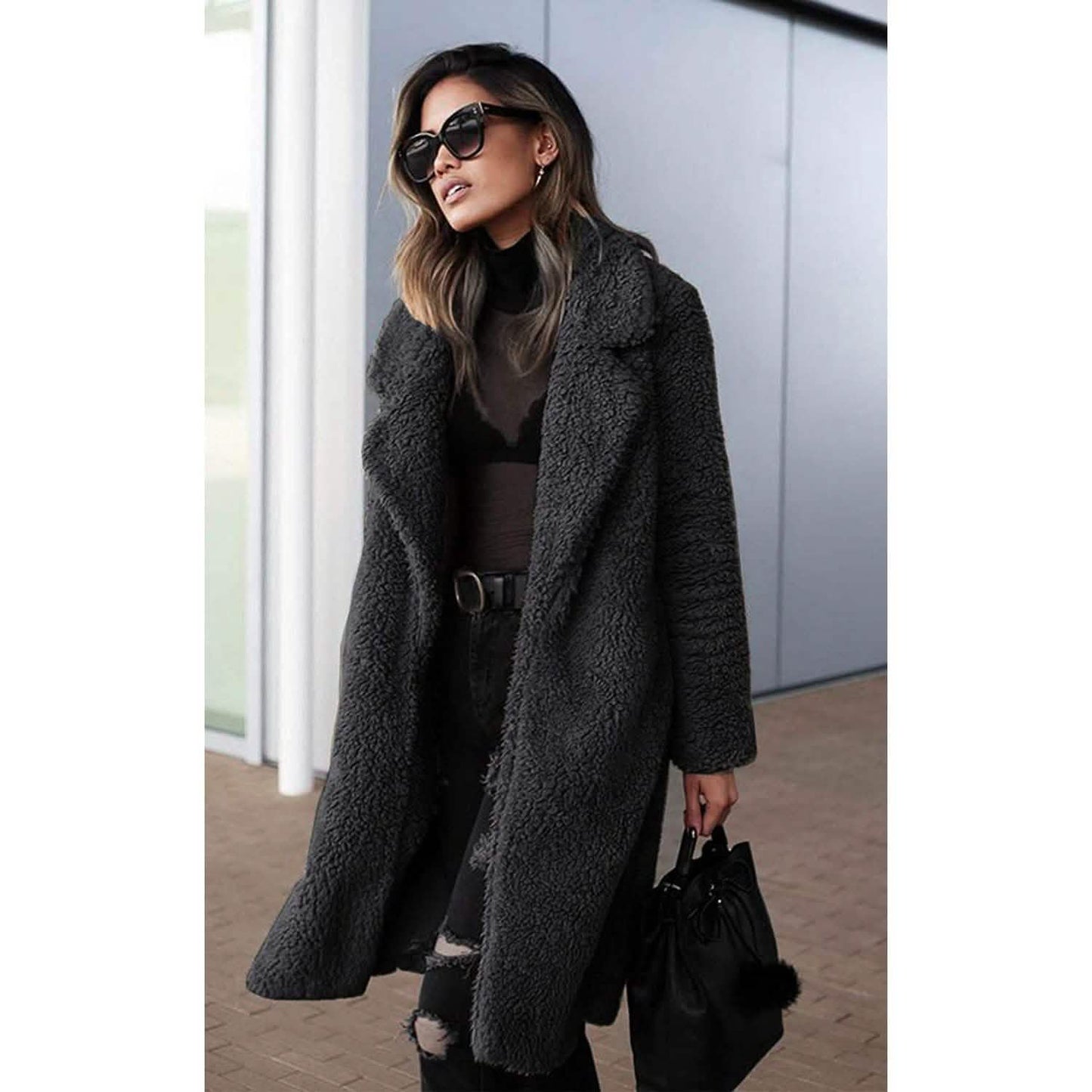 Damen Plüschfleece Revers Offene Vorderseite Langer Cardigan Mantel