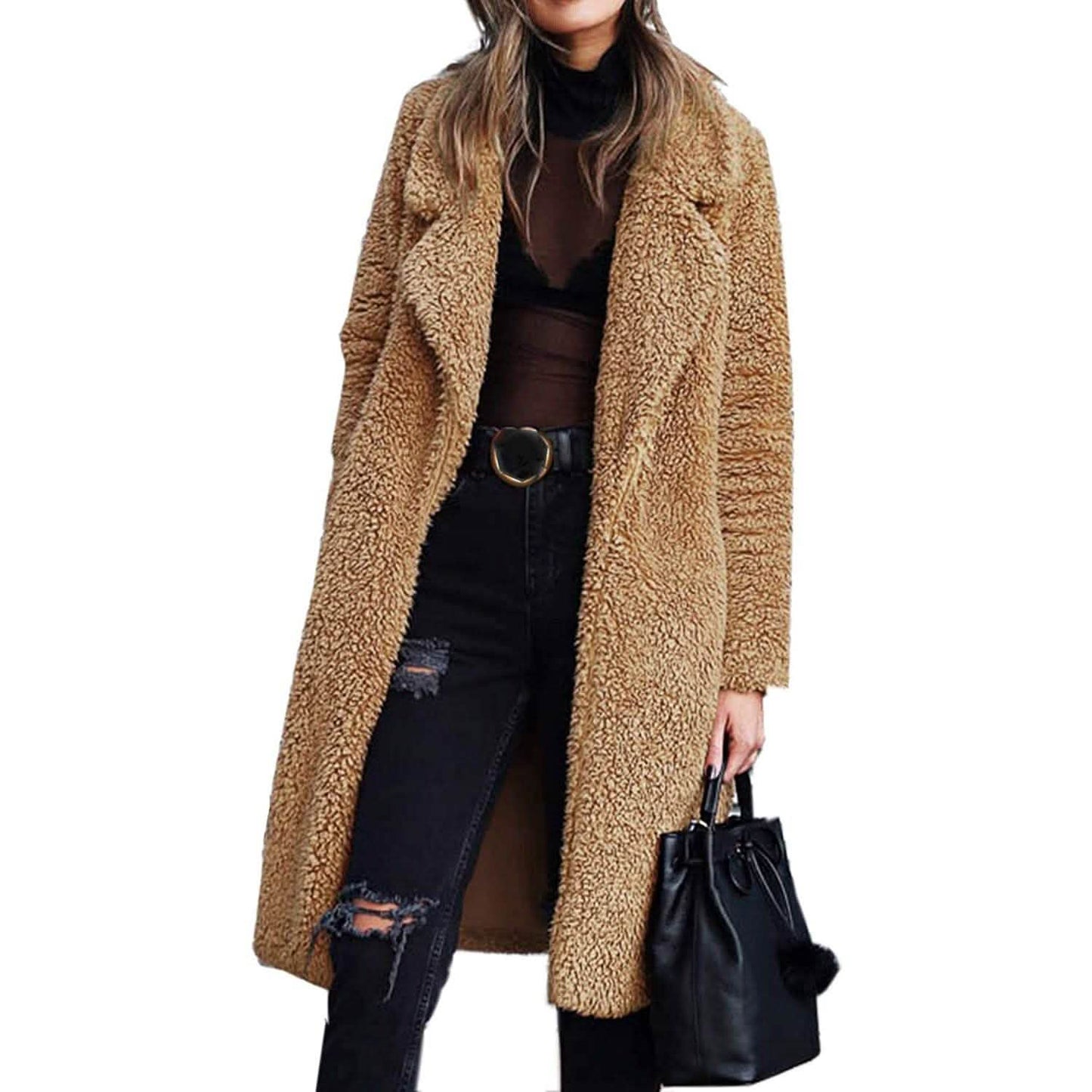 Damen Plüschfleece Revers Offene Vorderseite Langer Cardigan Mantel