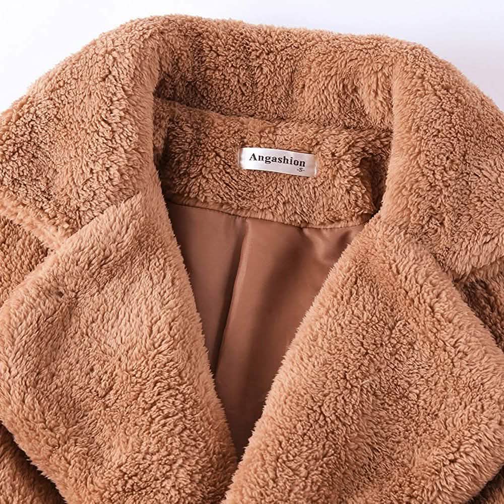 Damen Plüschfleece Revers Offene Vorderseite Langer Cardigan Mantel