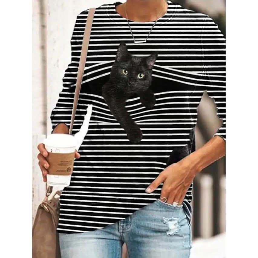 Damen Halloween Tunika T-Shirt gestreifte Katze 3D Cartoon Langarm Print Rundhals
