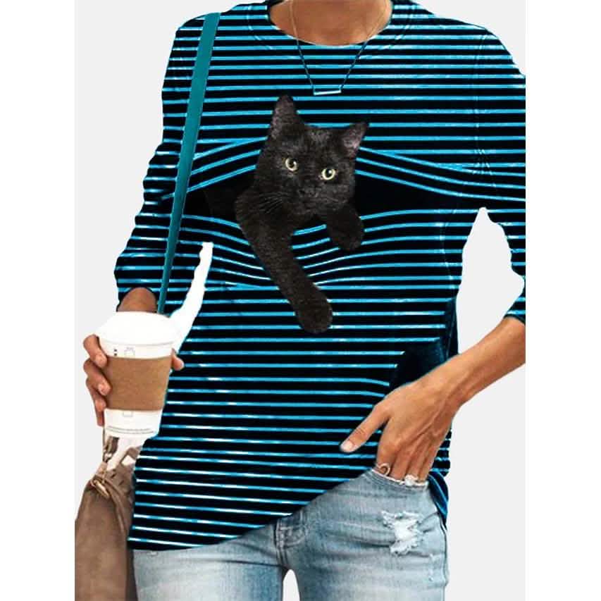 Damen Halloween Tunika T-Shirt gestreifte Katze 3D Cartoon Langarm Print Rundhals