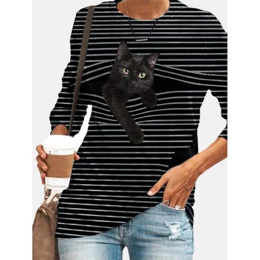 Damen Halloween Tunika T-Shirt gestreifte Katze 3D Cartoon Langarm Print Rundhals