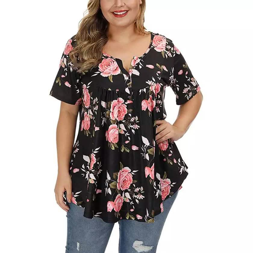 Damen Henley Shirts Blumen Tunika Tops Kurzarm Blusen
