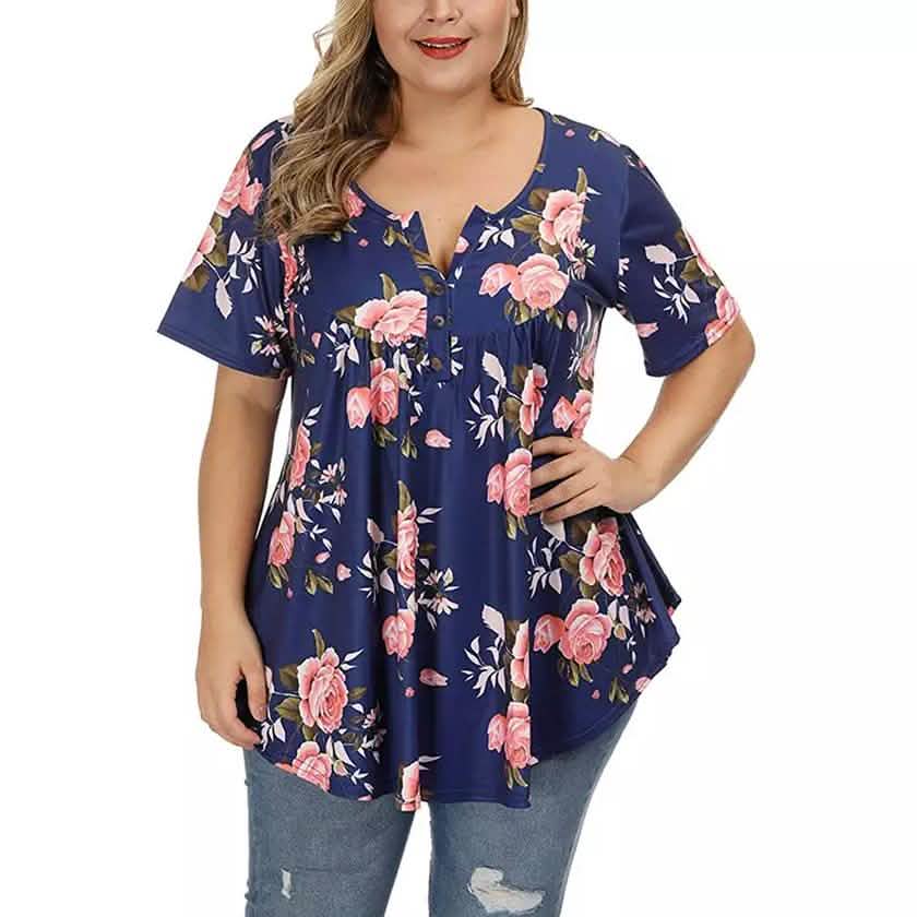 Damen Henley Shirts Blumen Tunika Tops Kurzarm Blusen