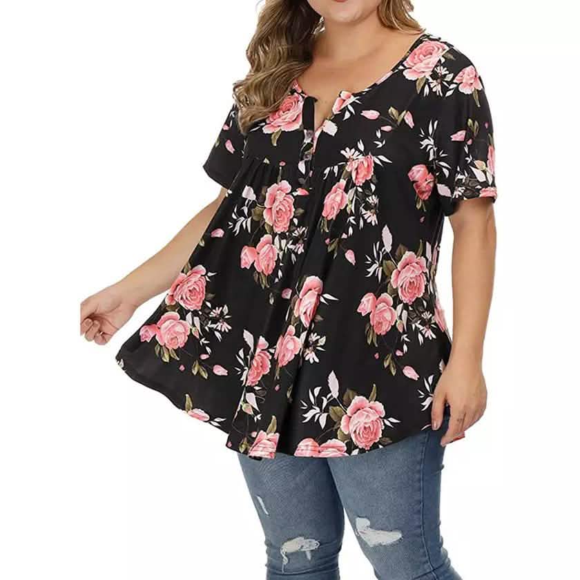 Damen Henley Shirts Blumen Tunika Tops Kurzarm Blusen