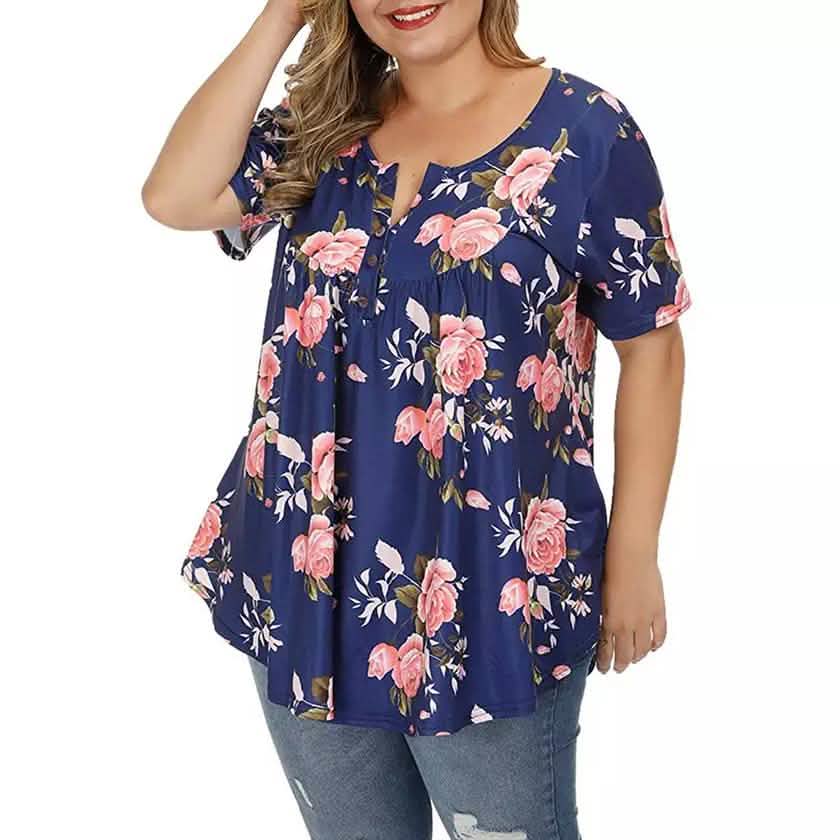 Damen Henley Shirts Blumen Tunika Tops Kurzarm Blusen