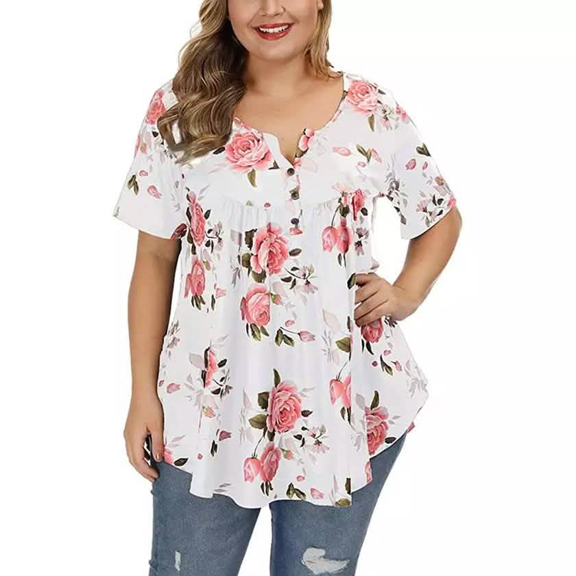Damen Henley Shirts Blumen Tunika Tops Kurzarm Blusen