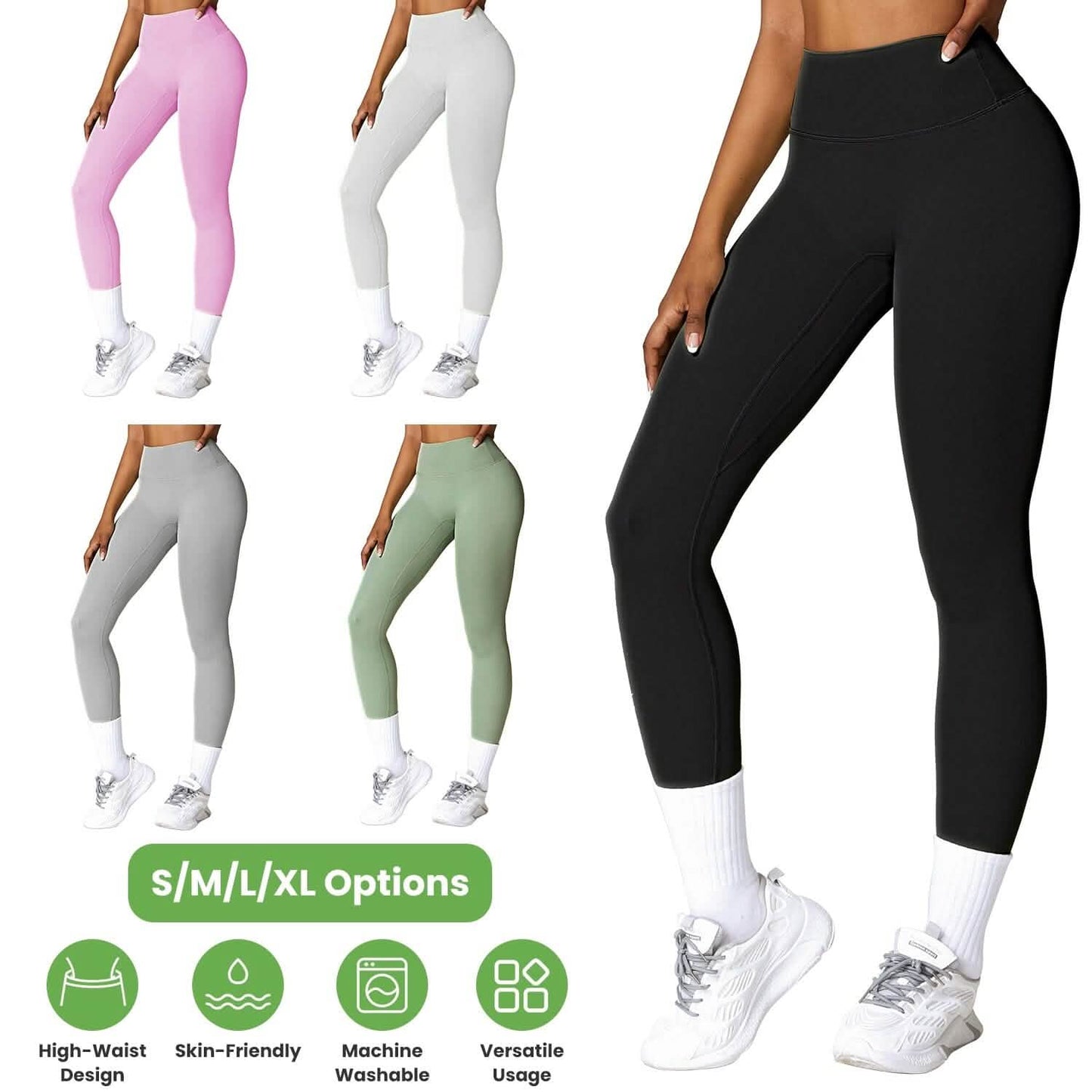 Damen High Waist Workout Leggings Bauchkontrolle Kompression mit 63,5 cm Innenbeinlänge Ohne Vorderseitennaht