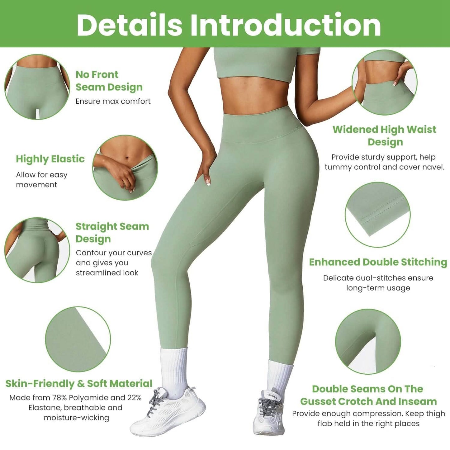 Damen High Waist Workout Leggings Bauchkontrolle Kompression mit 63,5 cm Innenbeinlänge Ohne Vorderseitennaht