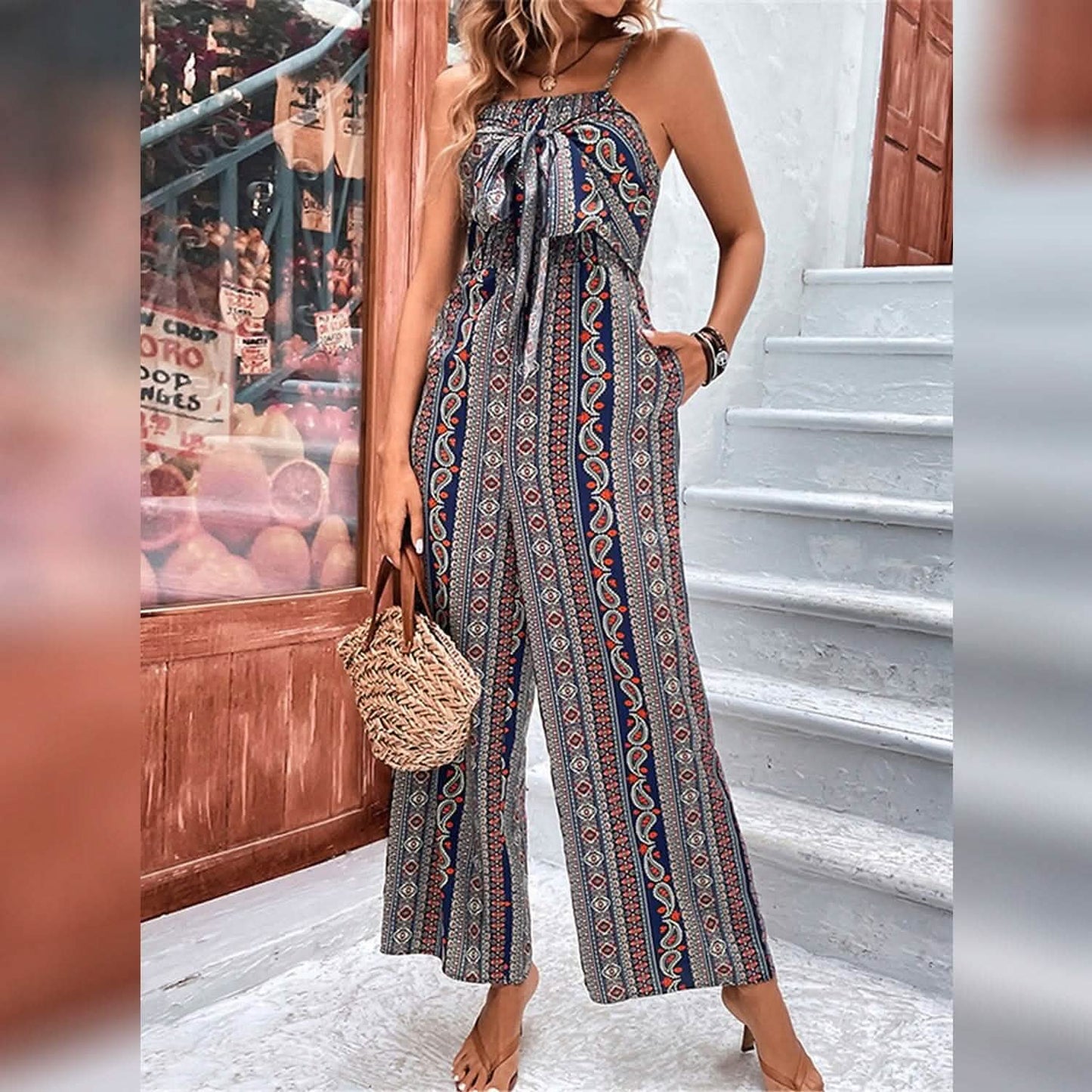 Damen Jumpsuit Tasche Aufdruck Geometrisches Quadrat