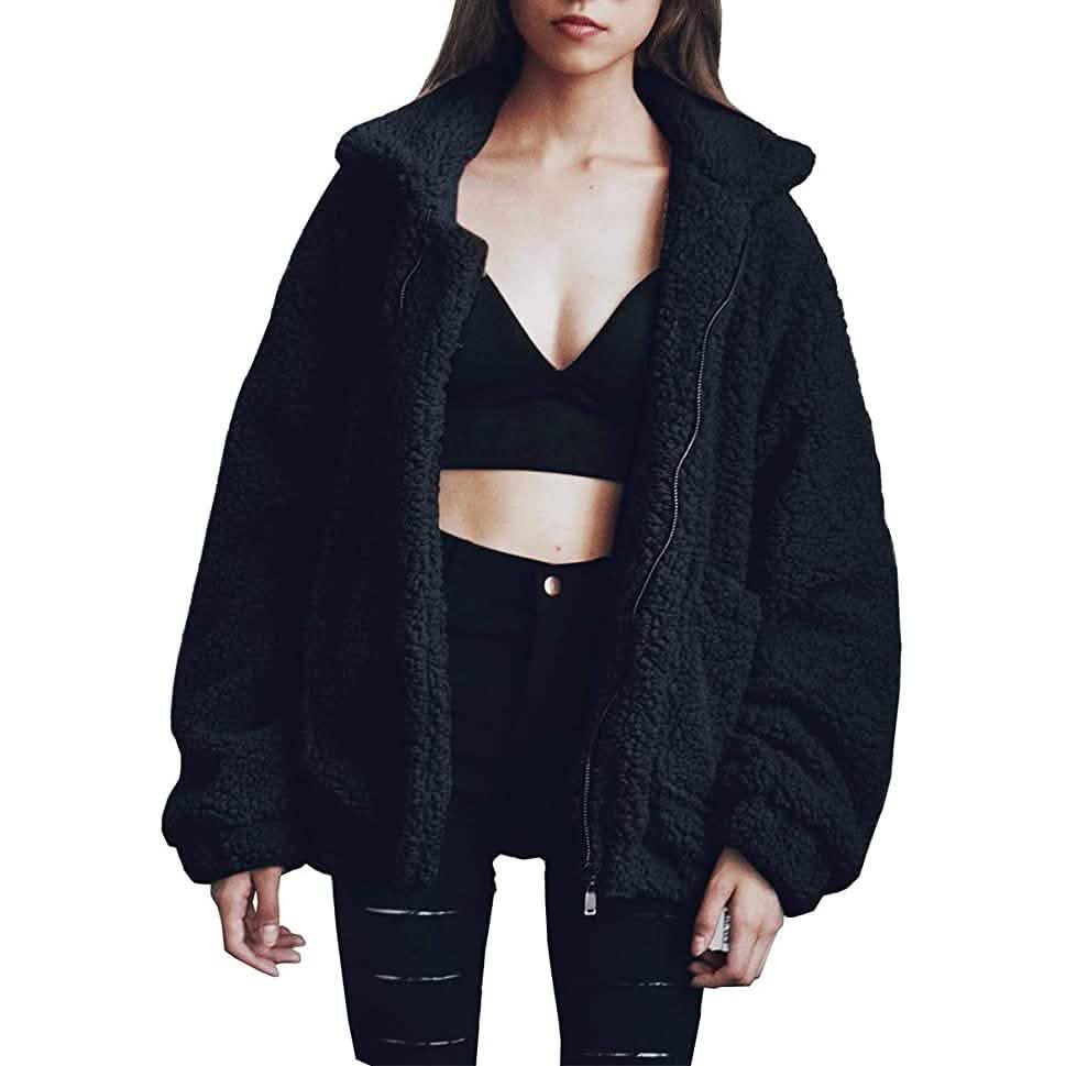 Damen Revers Reißverschluss Faux Shearling Shaggy Mantel Jacke