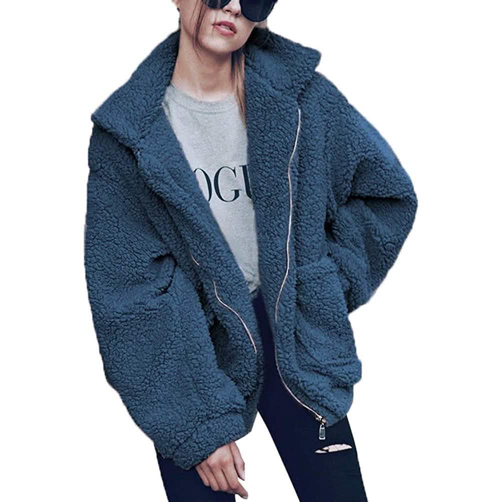 Damen Revers Reißverschluss Faux Shearling Shaggy Mantel Jacke
