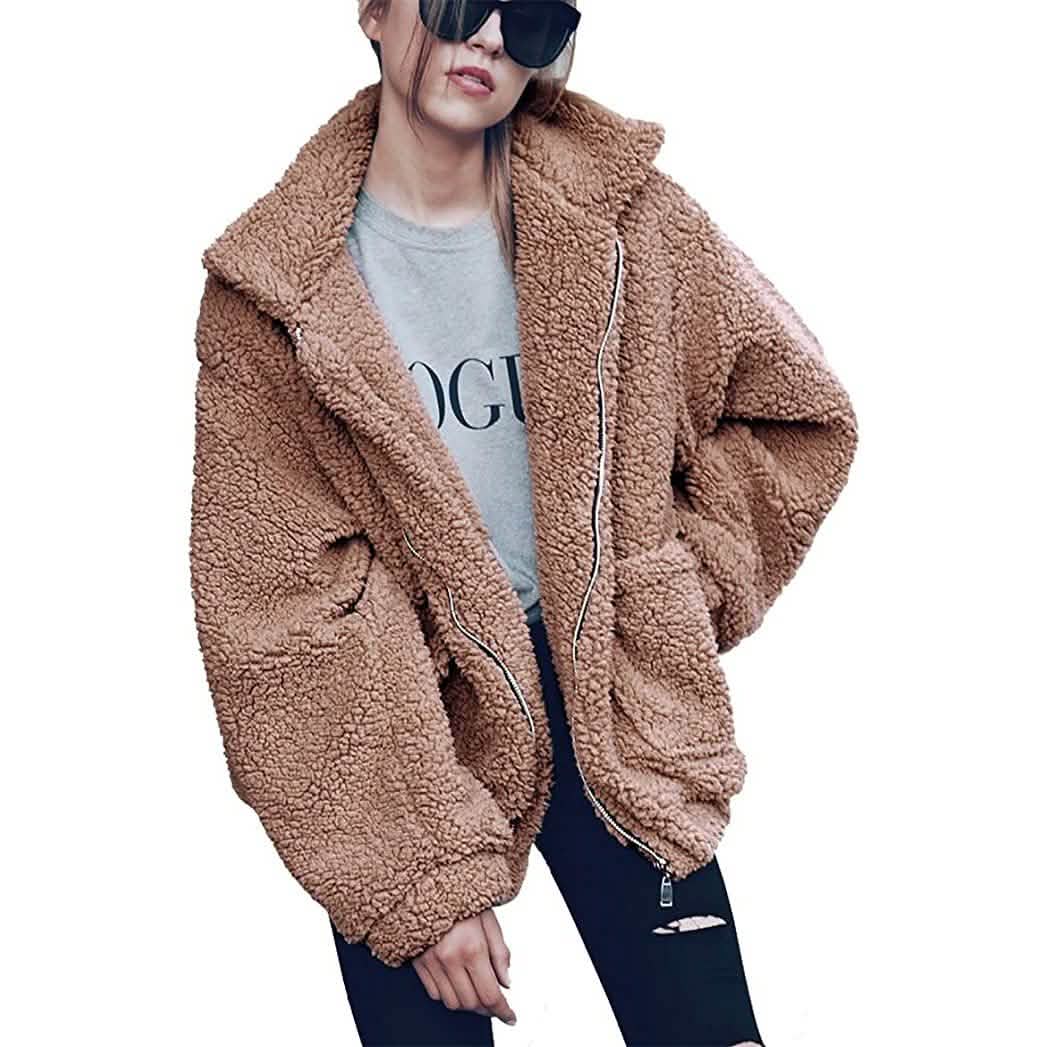 Damen Revers Reißverschluss Faux Shearling Shaggy Mantel Jacke