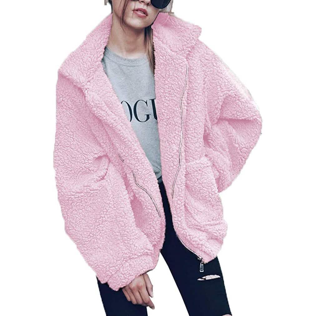 Damen Revers Reißverschluss Faux Shearling Shaggy Mantel Jacke