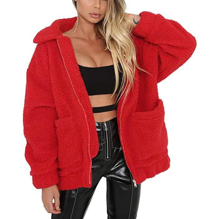 Damen Revers Reißverschluss Faux Shearling Shaggy Mantel Jacke
