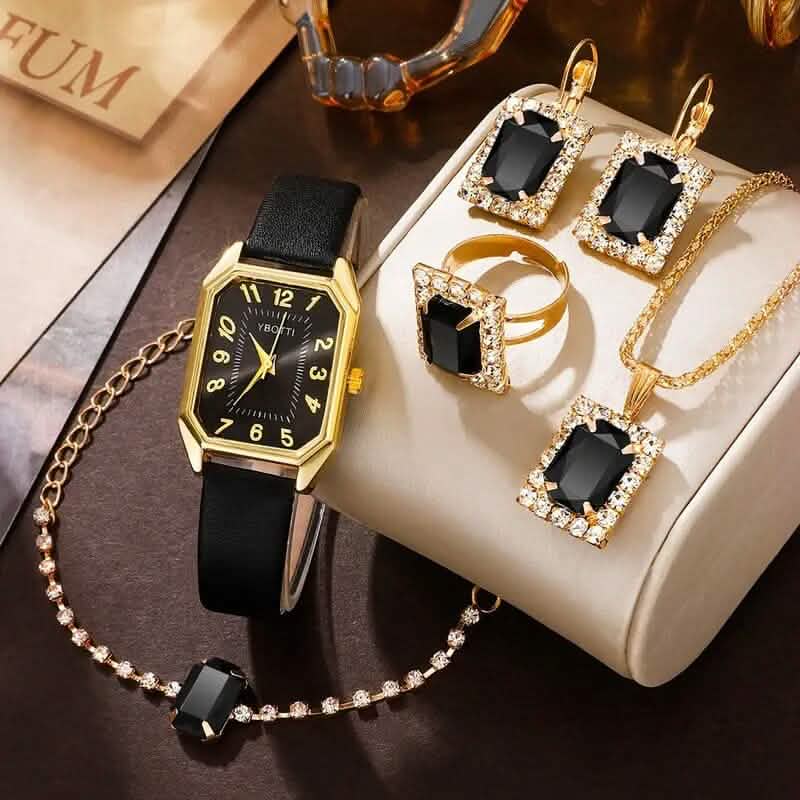 Damen-Schmuckset aus Leder-Armbanduhr, Ohrringen, Armband, Halskette und Ring
