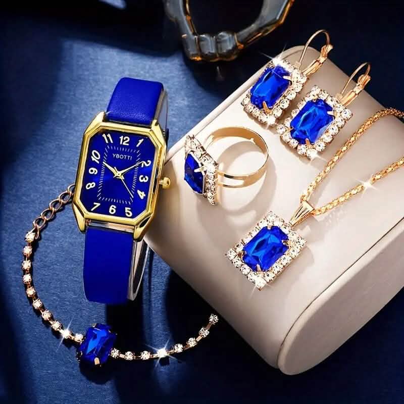 Damen-Schmuckset aus Leder-Armbanduhr, Ohrringen, Armband, Halskette und Ring
