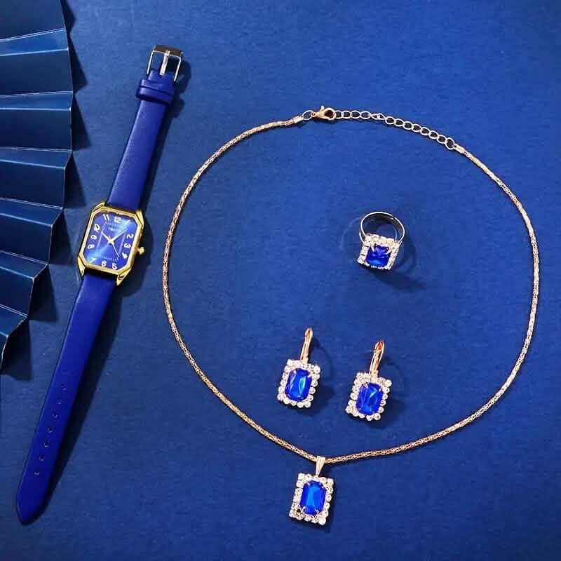 Damen-Schmuckset aus Leder-Armbanduhr, Ohrringen, Armband, Halskette und Ring