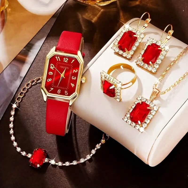 Damen-Schmuckset aus Leder-Armbanduhr, Ohrringen, Armband, Halskette und Ring