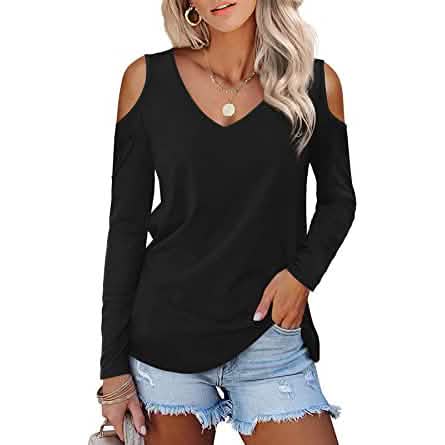Damen Langarm Cold Shoulder Basic T-Shirt Oberteile