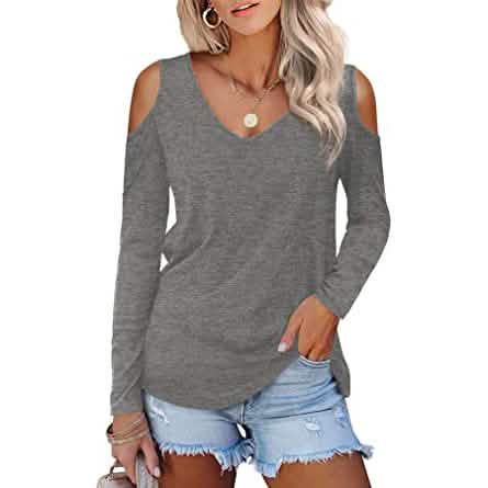 Damen Langarm Cold Shoulder Basic T-Shirt Oberteile