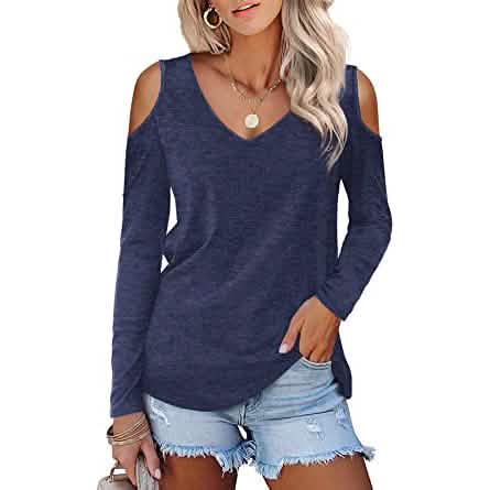 Damen Langarm Cold Shoulder Basic T-Shirt Oberteile