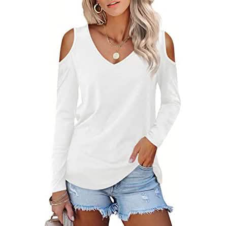 Damen Langarm Cold Shoulder Basic T-Shirt Oberteile