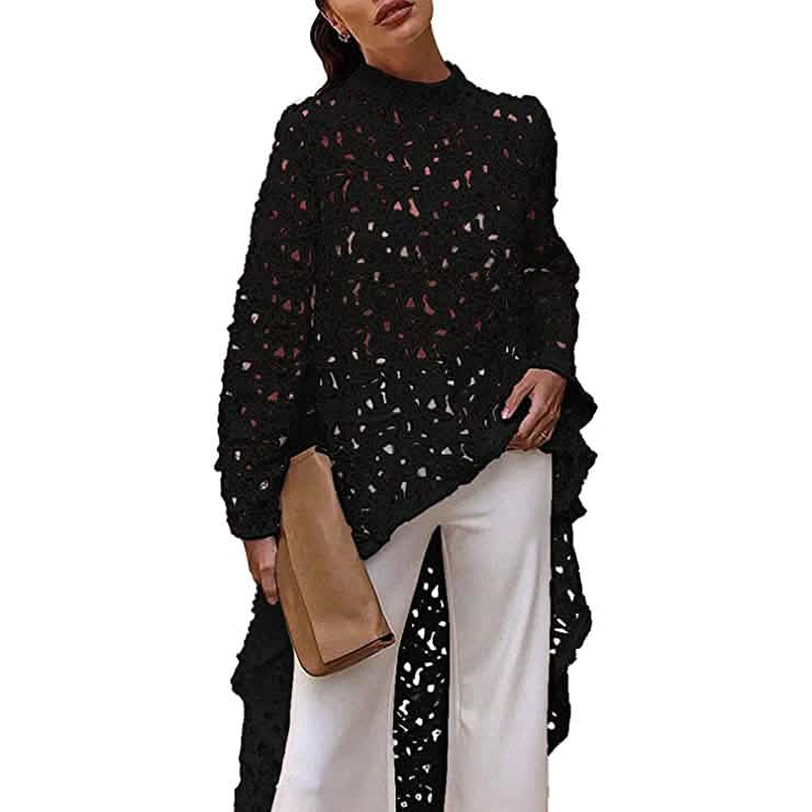 Damen Langarm Rundhals Casual Top Hemdkleid