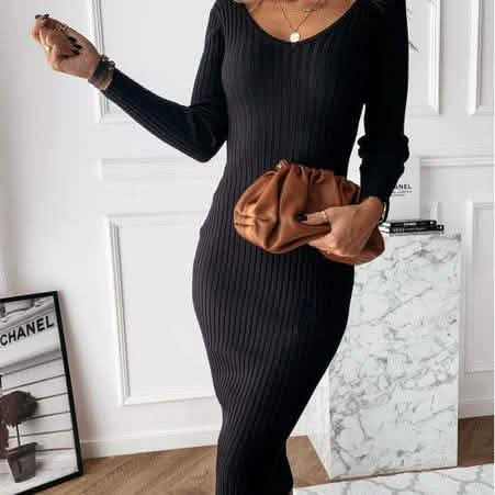 Damen Langarmkleid V-Ausschnitt Freizeitkleider Einfarbiges Streifen Bodycon Kleid Große Größen Langes Kleid