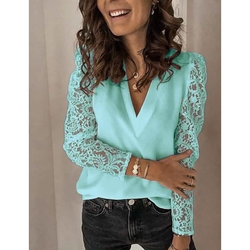 Damen Langarm Spitzen-Patchwork V-Ausschnitt Oberteil
