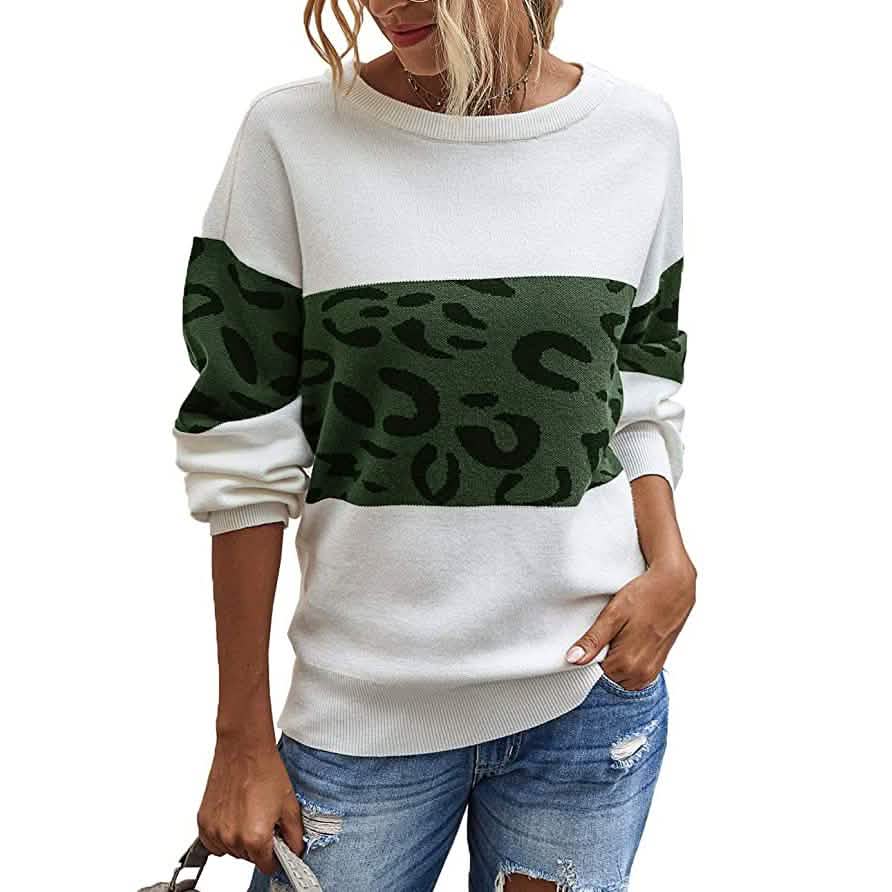 Damen Langarm Off-Shoulder Strickpullover mit Leopardenmuster