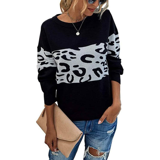 Damen Langarm Off-Shoulder Strickpullover mit Leopardenmuster