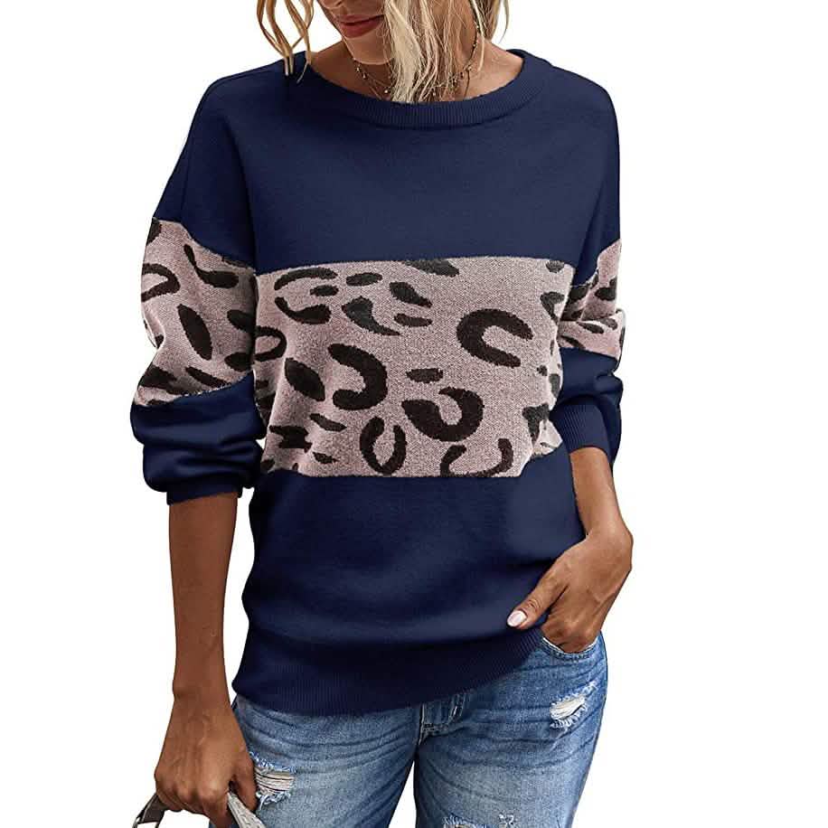 Damen Langarm Off-Shoulder Strickpullover mit Leopardenmuster