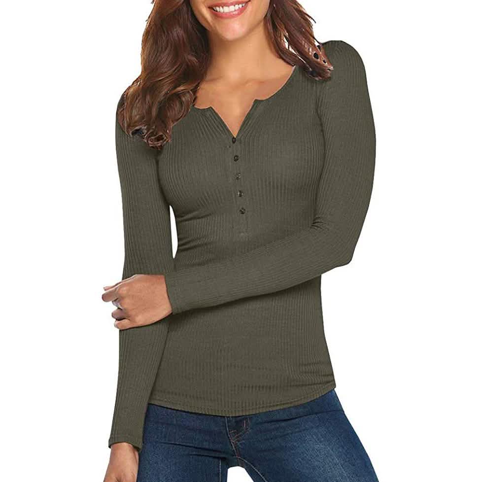 Damen Langarm V-Ausschnitt Gerippter Strickpullover mit Knopfleiste Enganliegendes Oberteil