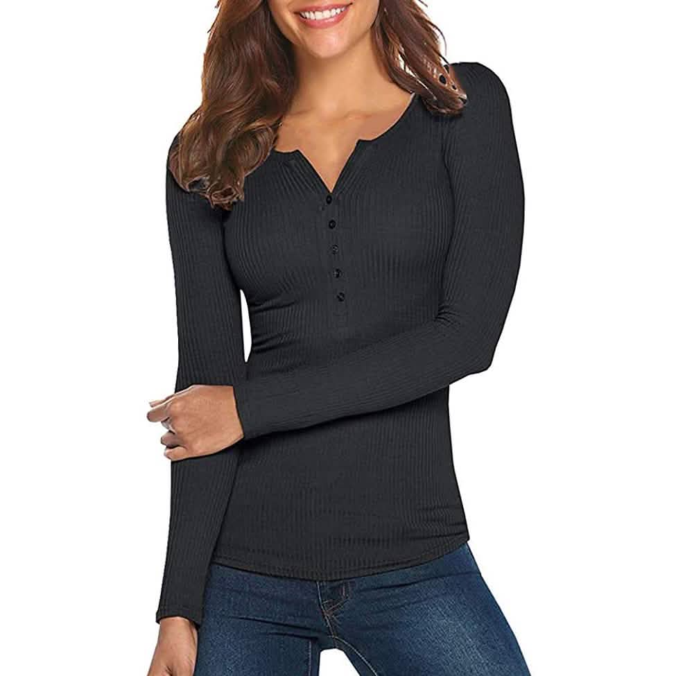 Damen Langarm V-Ausschnitt Gerippter Strickpullover mit Knopfleiste Enganliegendes Oberteil